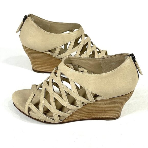 Eileen Fisher Sandals Womens 7 Beige Tan Caged Strappy Leather Wedge‎ Bohemian - Picture 5 of 11